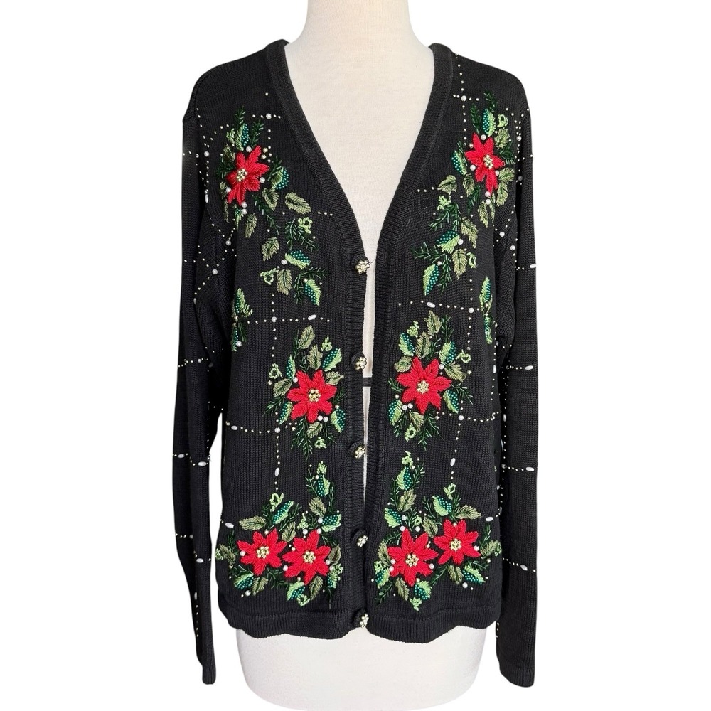 Vintage B.P. Design Poinsettia Christmas Cardigan Knit Beaded Sweater Size Large
